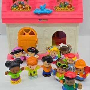 Fisher Price Little People Happy Sounds Home Pink Dollhouse with 11 Figures Lot